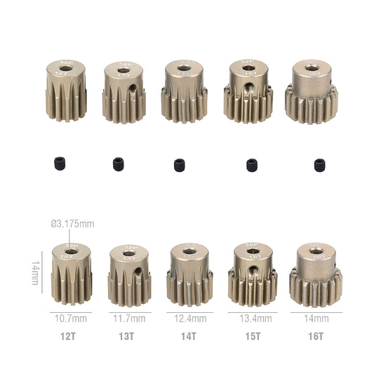 Set of five 32P metal pinion gears (12T–16T) with 3.175mm bore and set screws for RC vehicles