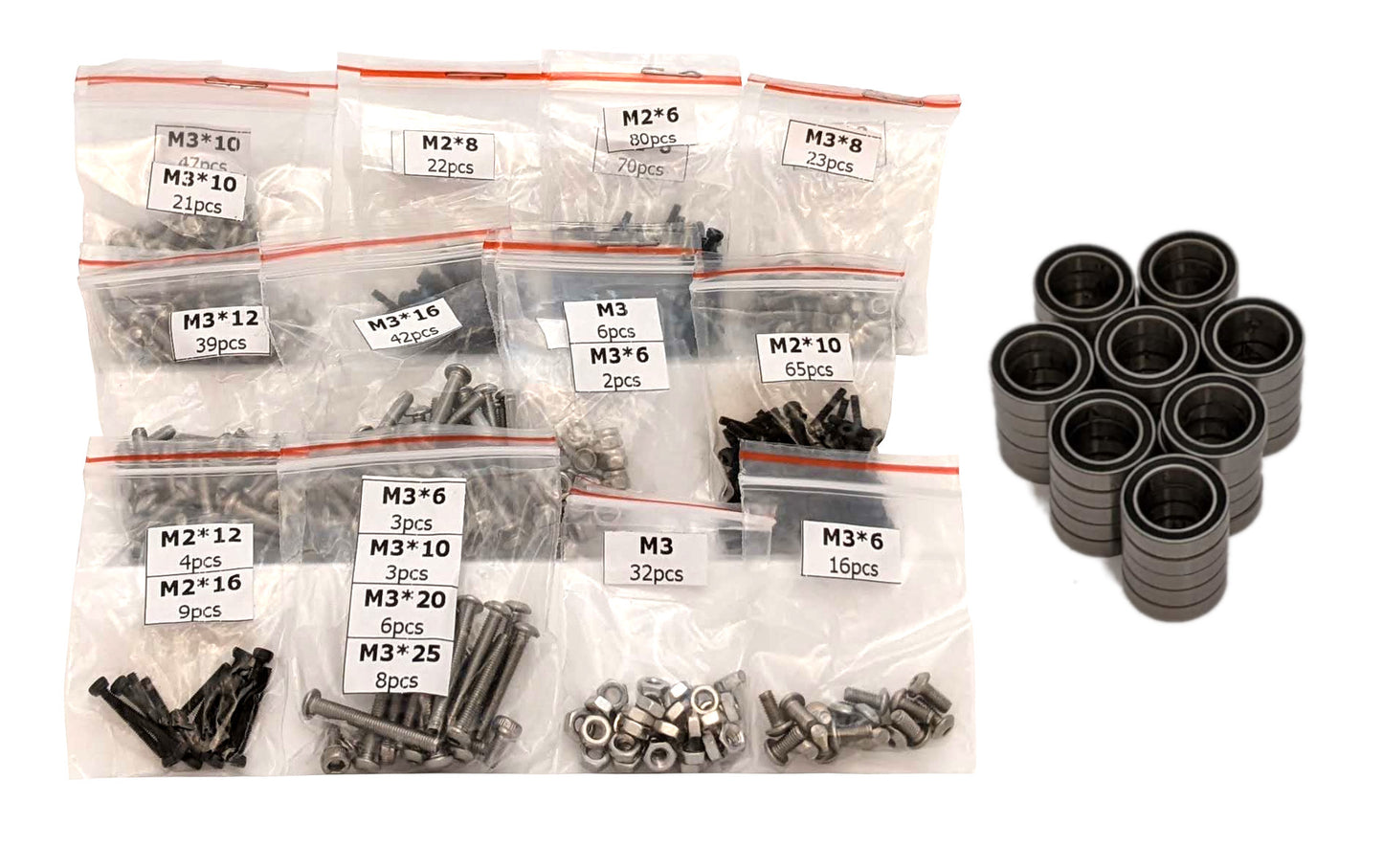 RC assembly hardware kit with sorted M2 and M3 screw bags, nuts, bearings, and ball bearing set