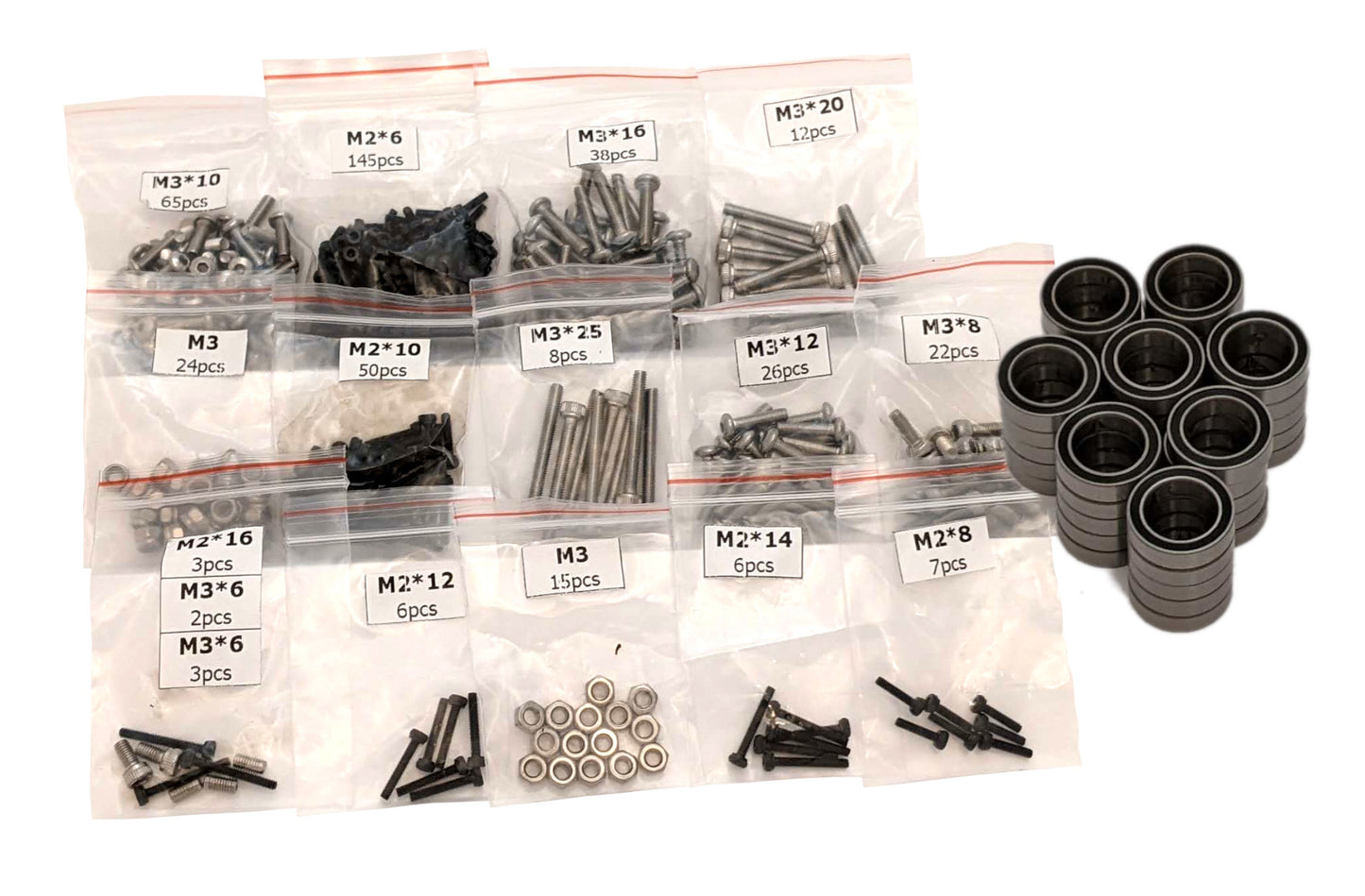 RC Printer hardware kit with labeled metric screws, nuts, and bearings for RC vehicle builds