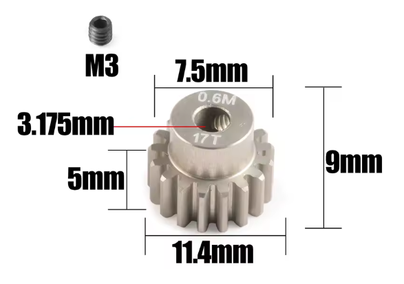 Pinion Gear M0.6 – 17T (3.175mm Bore) - pinion for DIY RC building