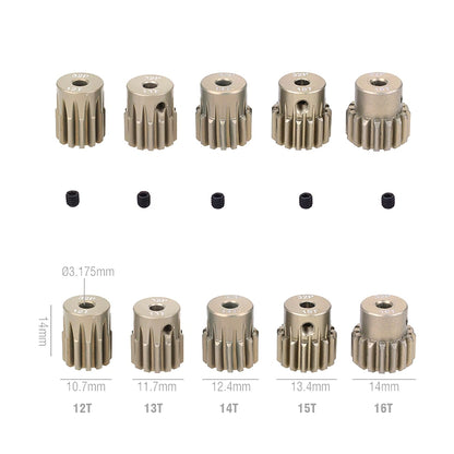 Set of five 32P metal pinion gears (12T–16T) with 3.175mm bore and set screws for RC vehicles
