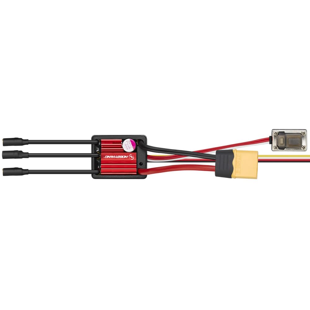 Hobbywing red brushless ESC side view with bullet connectors, XT60 plug, and servo lead