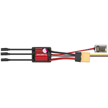 Hobbywing red brushless ESC side view with bullet connectors, XT60 plug, and servo lead