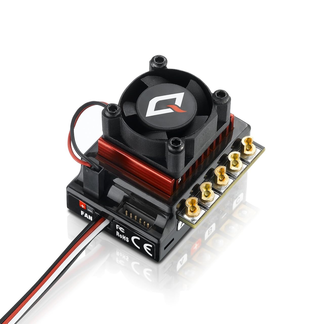 Hobbywing 10BL120 G2 ESC with red heatsink, black cooling fan, gold bullet connectors, and power wires.