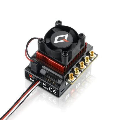 Hobbywing QuicRun brushless ESC with cooling fan, red heatsink, and gold bullet connectors