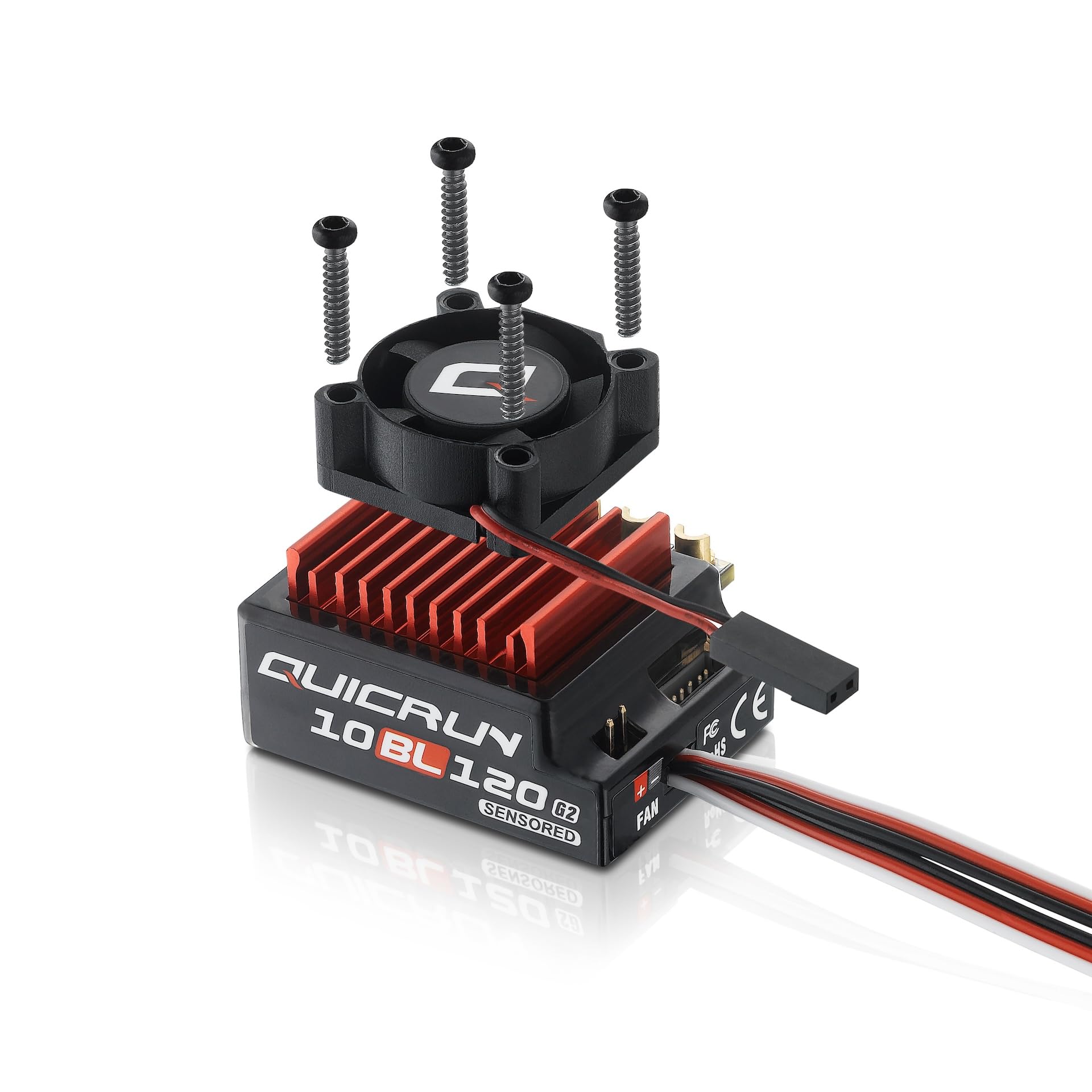 Hobbywing QuicRun 10BL120 G2 sensored ESC with red heatsink, fan, and mounting screws