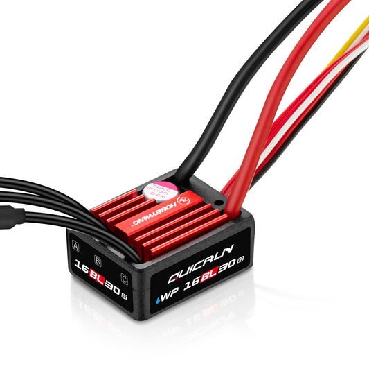 Hobbywing 16BL30 G2 waterproof ESC: black case, red finned heatsink, motor leads, battery and receiver wires.