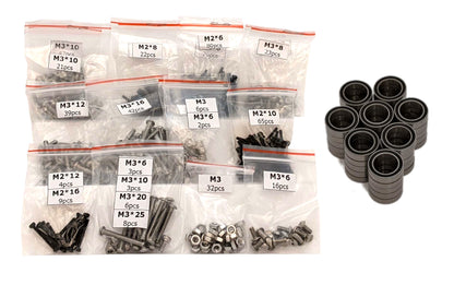 RC assembly hardware kit with sorted M2 and M3 screw bags, nuts, bearings, and ball bearing set