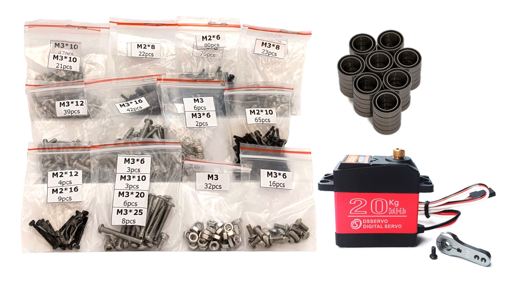 RC vehicle hardware pack with sorted M2/M3 screw bags, bearings, 20kg digital servo, and servo horn