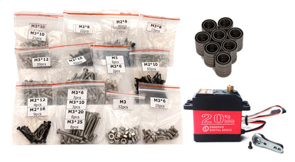 RC vehicle hardware pack with sorted M2/M3 screw bags, bearings, 20kg digital servo, and servo horn