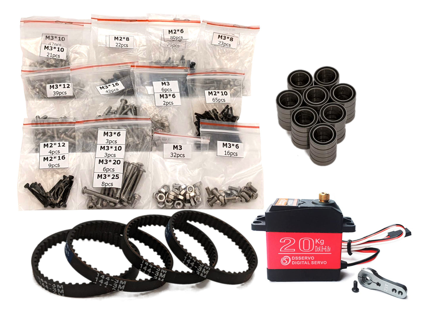 RC hardware kit with labeled screw bags, bearings, timing belts, and 20kg digital servo with horn