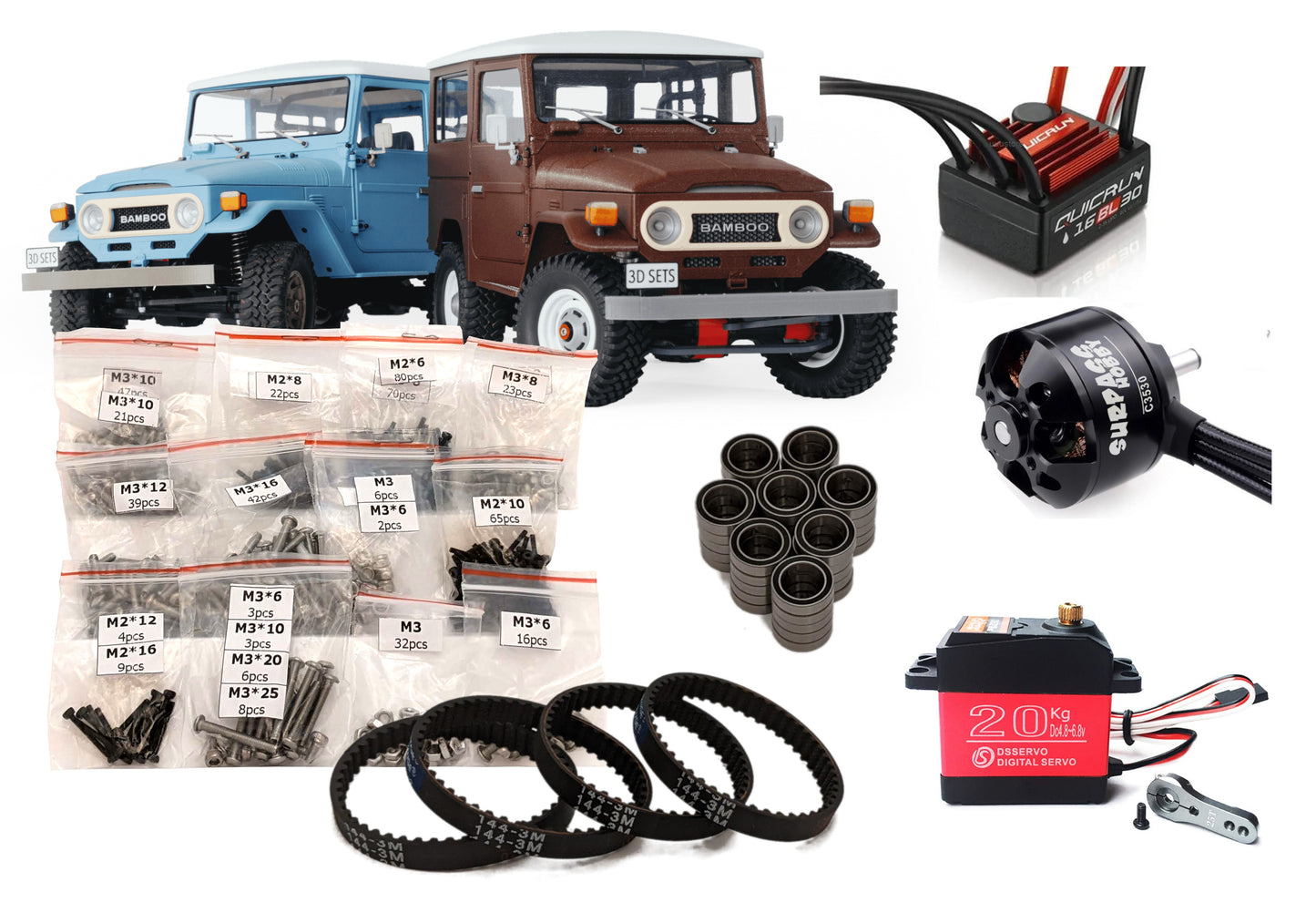 Complete RC Land Cruiser FJ40 kit with blue and brown bodies, ESC, motor, servo, and hardware