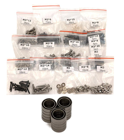 RC vehicle screw and bearing kit with 15 labeled bags of M2/M3 stainless steel hardware and bearings