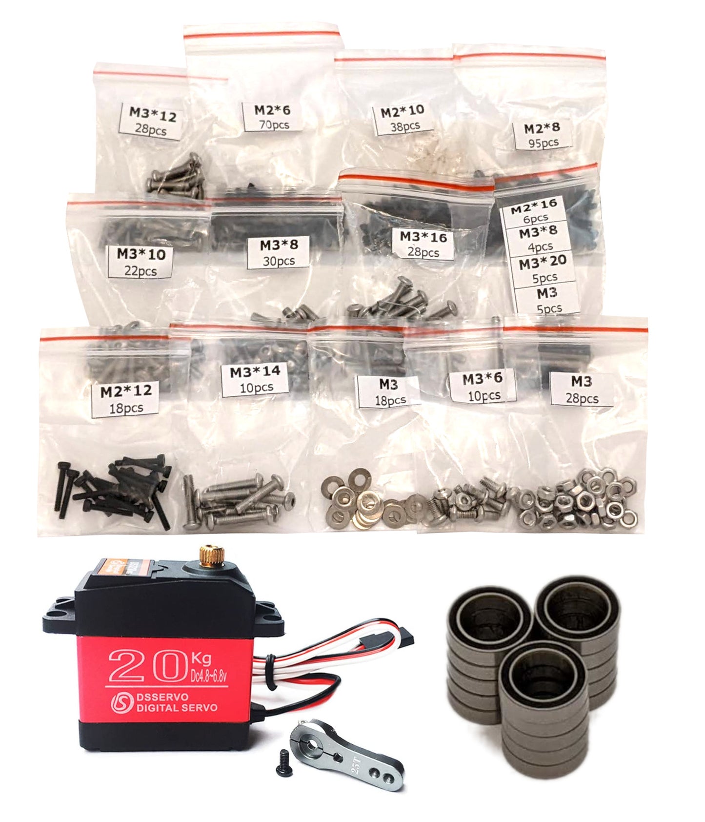 RC Printer hardware pack with sorted M2/M3 screw bags, 20kg DSServo digital servo, and steel bearings