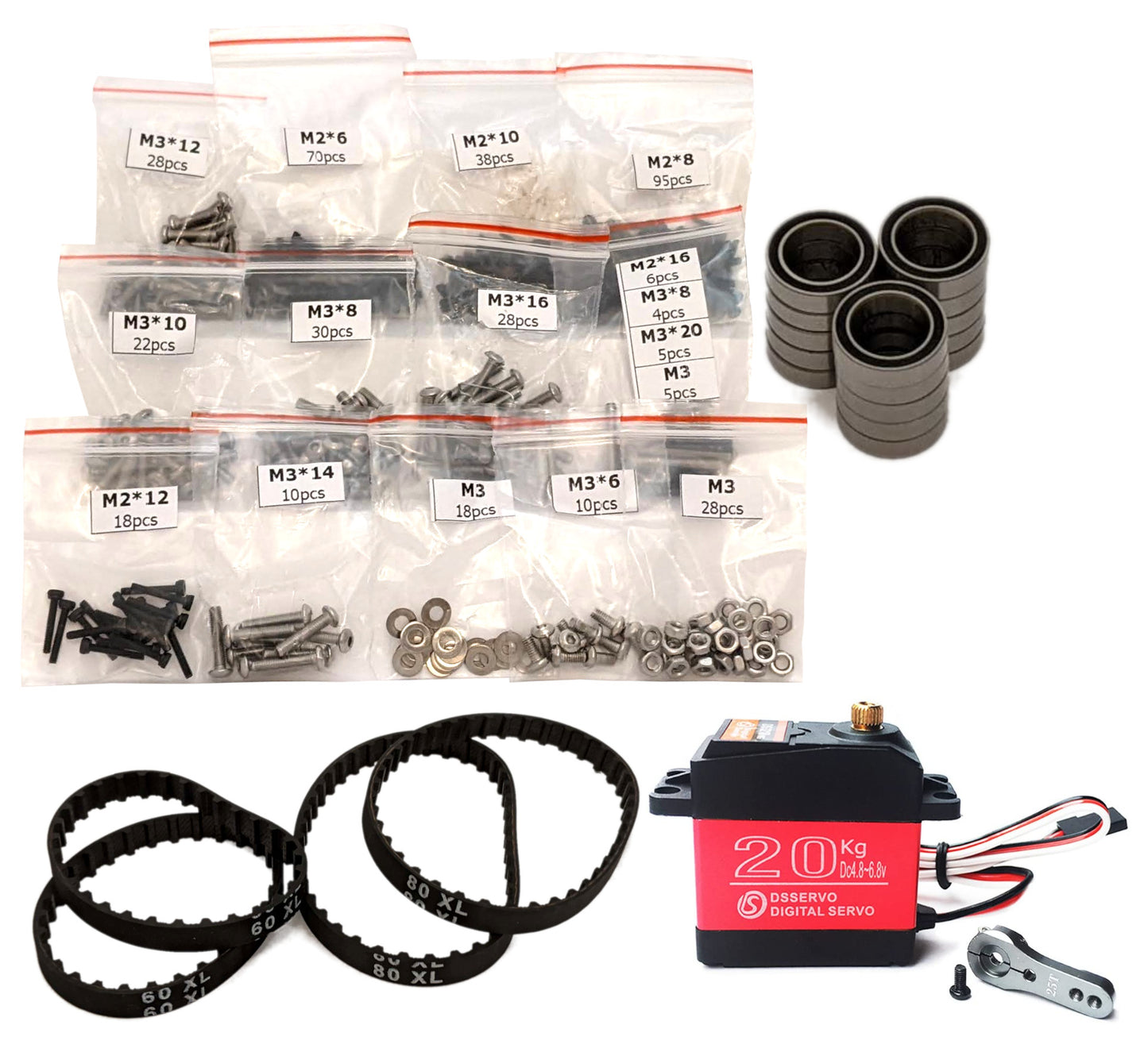 RC Printer hardware kit with labeled screw bags, XL timing belts, bearings, and 20kg digital servo with horn