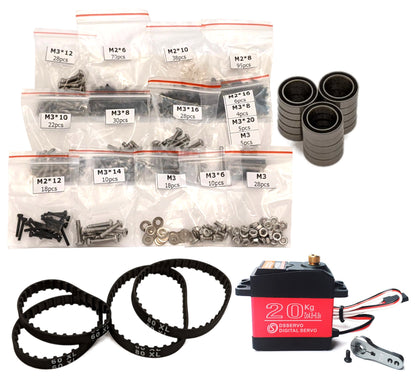 RC Printer hardware kit with labeled screw bags, XL timing belts, bearings, and 20kg digital servo with horn