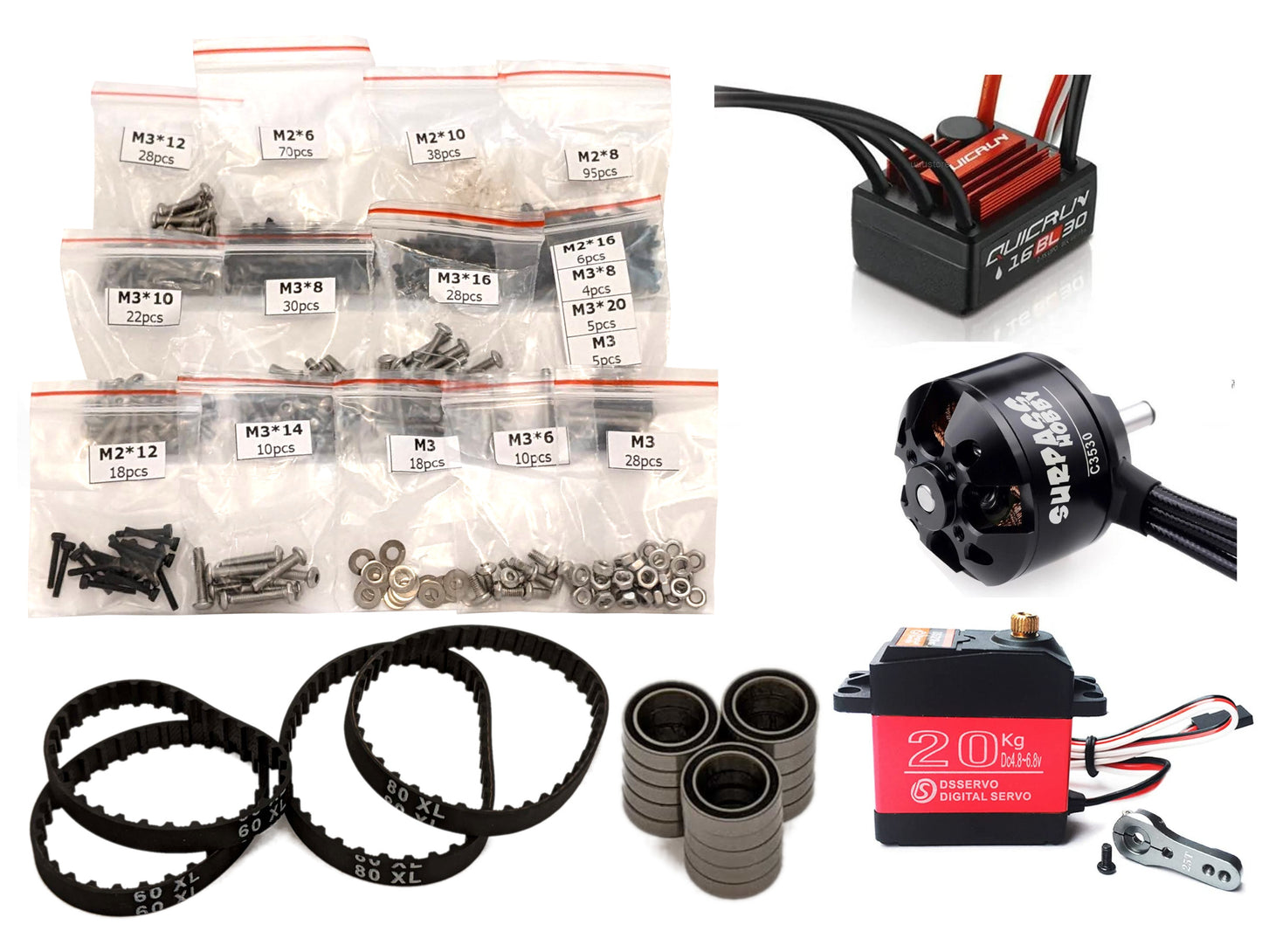 RC Printer full build kit with hardware bags, ESC, brushless motor, timing belts, bearings, and 20kg servo