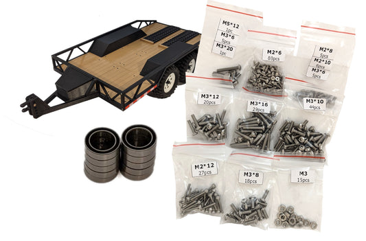 RC Printer flatbed trailer build kit with wood deck, hardware bags, and steel bearings set