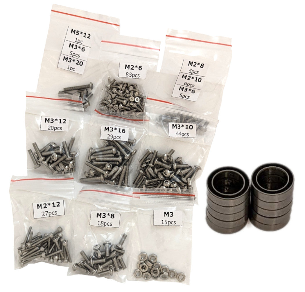 RC trailer hardware kit with 9 labeled stainless steel screw bags, M3 nuts, and steel ball bearings