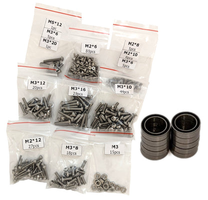 RC trailer hardware kit with 9 labeled stainless steel screw bags, M3 nuts, and steel ball bearings