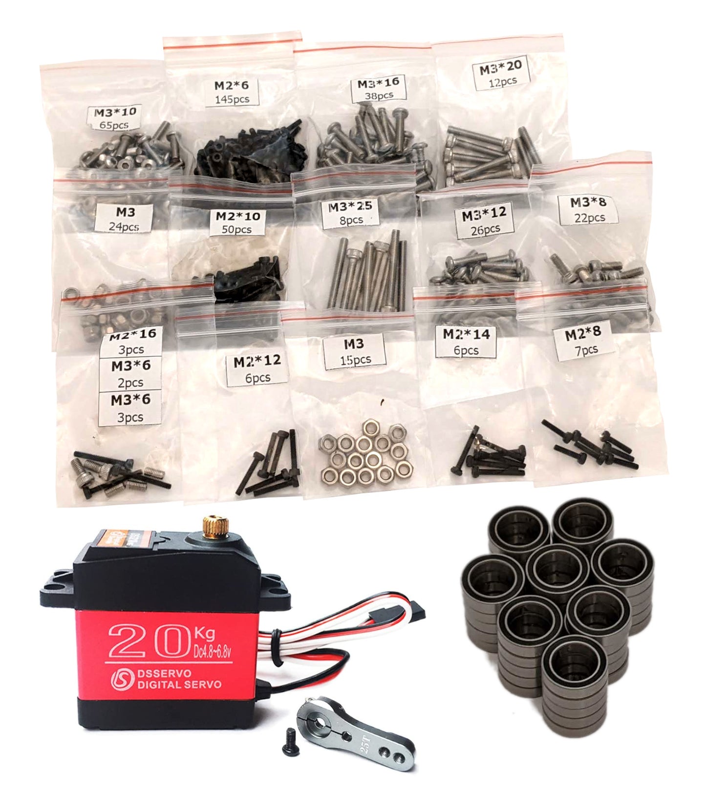 RC Printer build hardware with sorted M2/M3 screw bags, red 20kg digital servo, and bearing set