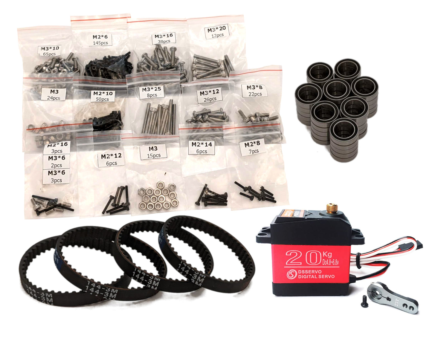 RC crawler hardware kit with 12 labeled screw bags, 144-3M timing belts, bearings, and 20kg servo