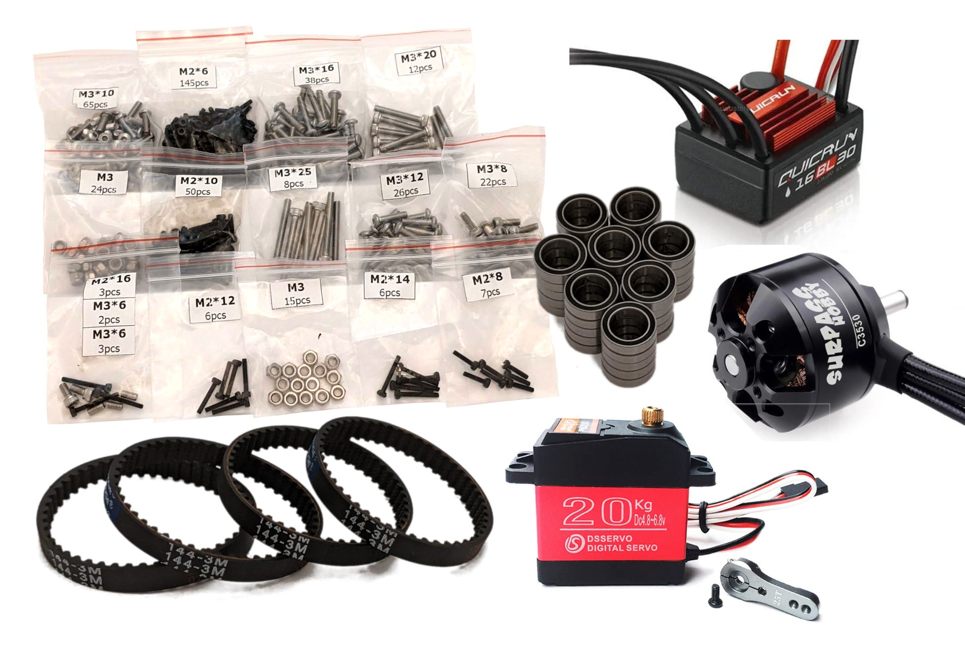 RC Printer electronics and hardware kit with Quicrun 16BL30 ESC, C3530 motor, servo, belts, bearings