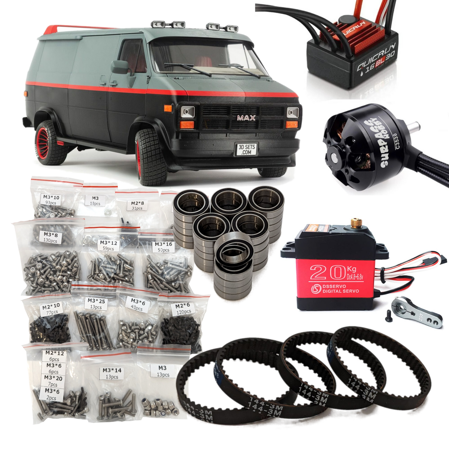 Labeled M3 screw packs and stacked sealed ball bearings for RC vehicle repair and assembly