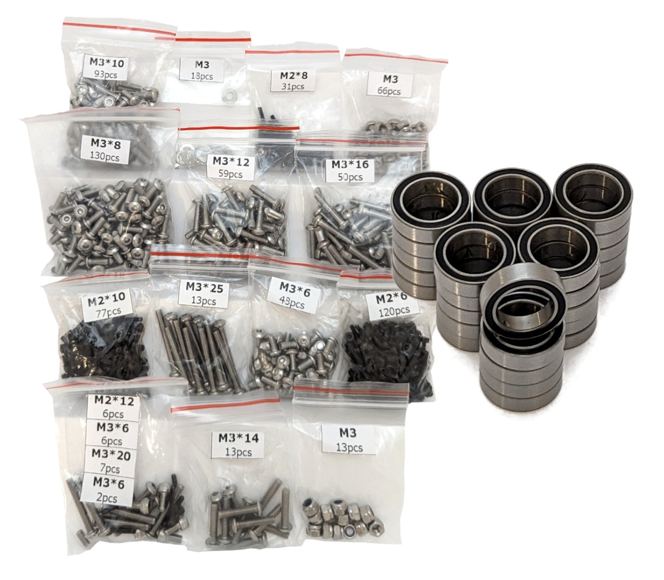 RC Printer metric screw and bearing hardware kit with labeled bags for RC vehicle assembly