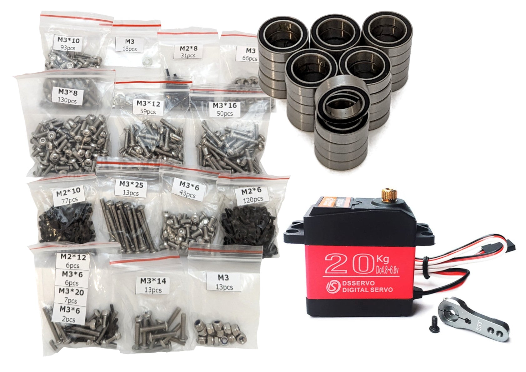 RC Printer hardware kit with metric screw assortment, ball bearings, and 20kg digital servo