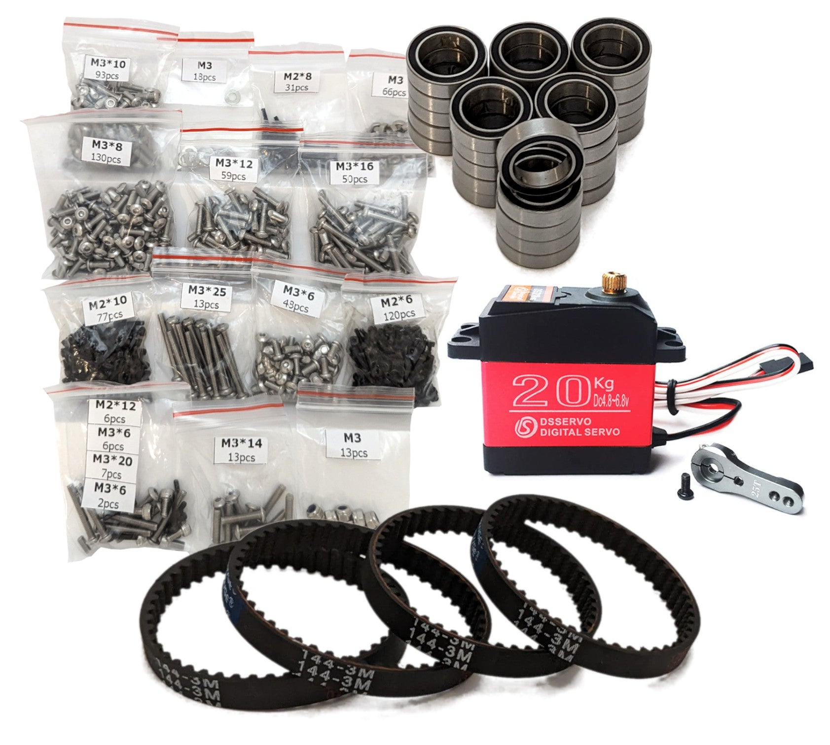 RC Printer complete hardware kit with screws, bearings, 20kg digital servo, and timing belts