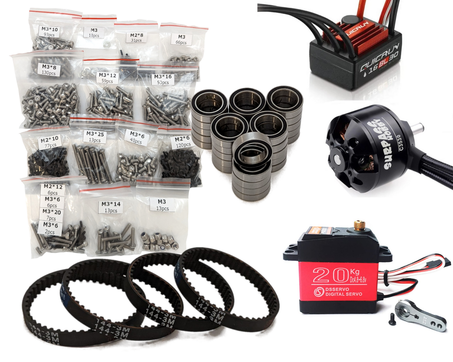 RC Printer RC vehicle build kit with motor, ESC, servo, bearings, belts and screw hardware