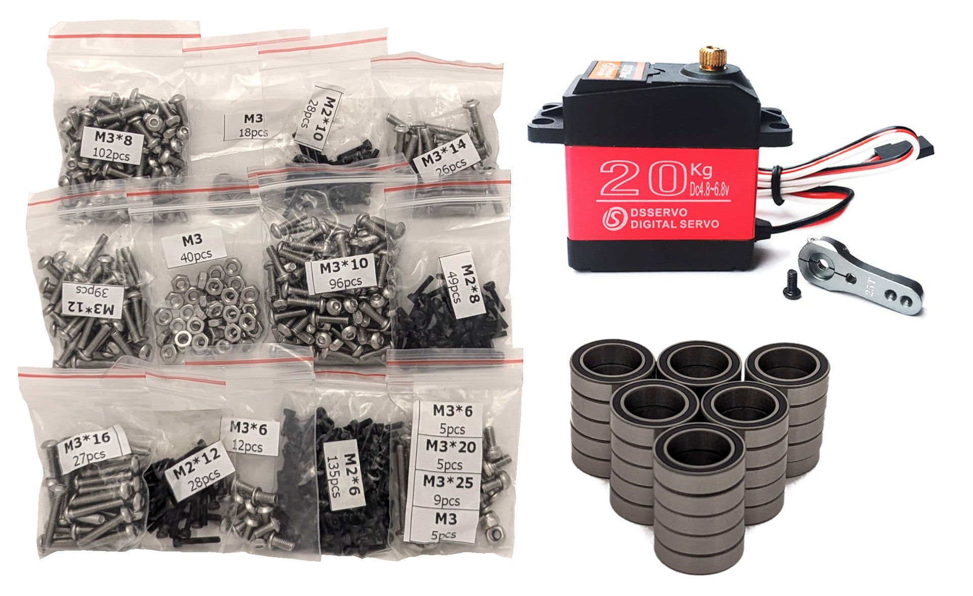 3DSets Reaper fasteners - M3 screws, DSServo 20kg, bearings & servo arm