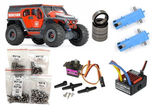 RC Printer Rescuer crawler build kit with body, ESC, servo, bearings, motors, and hardware