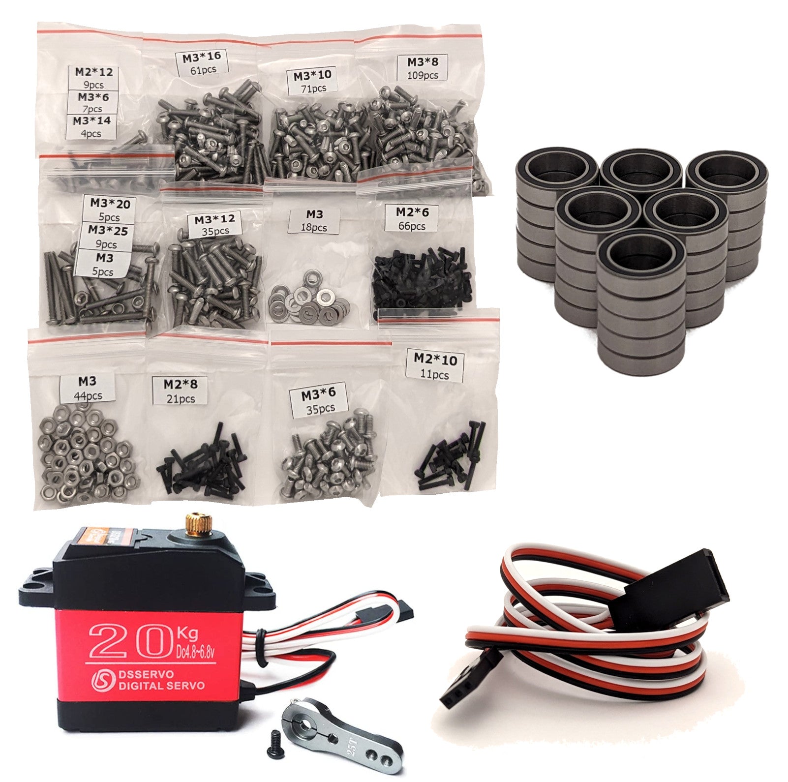 3DSets Sakura essentials - Sorted screws, 144-3M belts, servo & extension wire