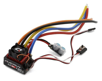 Hobbywing QuicRun 10BL120 brushless ESC with colored motor wires and receiver cable